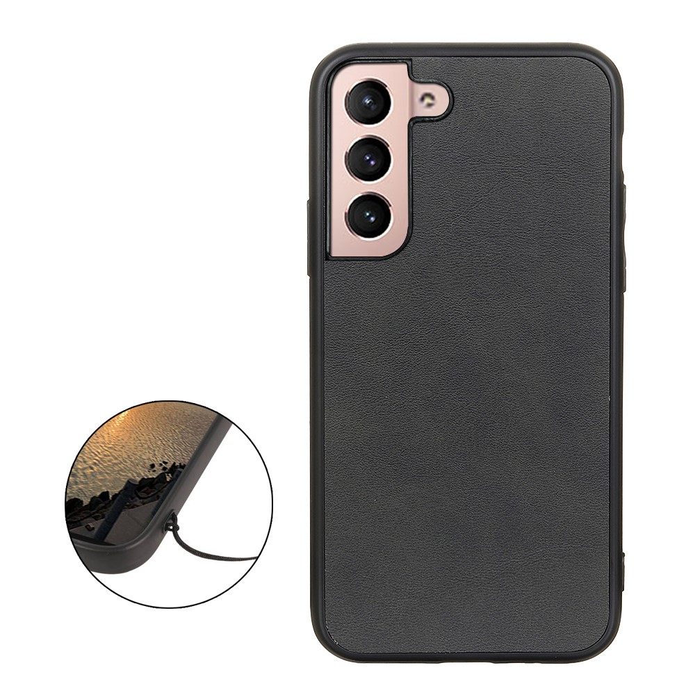 Scratch-resistant PU Leather Coated PC + TPU Textured Phone Case Shell for Samsung Galaxy S22 - Black-2