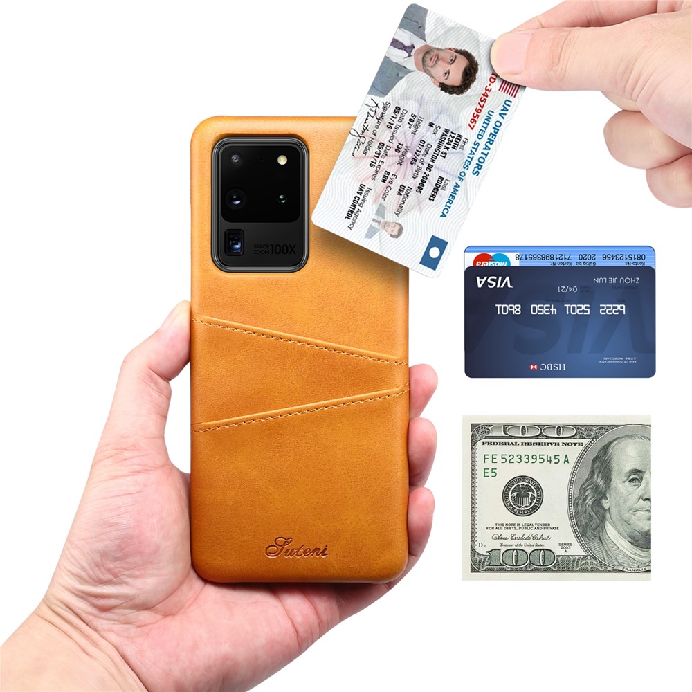 SUTENI PU Leather Coated PC Case Large Cutouts Easy Ports Access with Card Holders for Samsung Galaxy S20 Ultra - Khaki-5