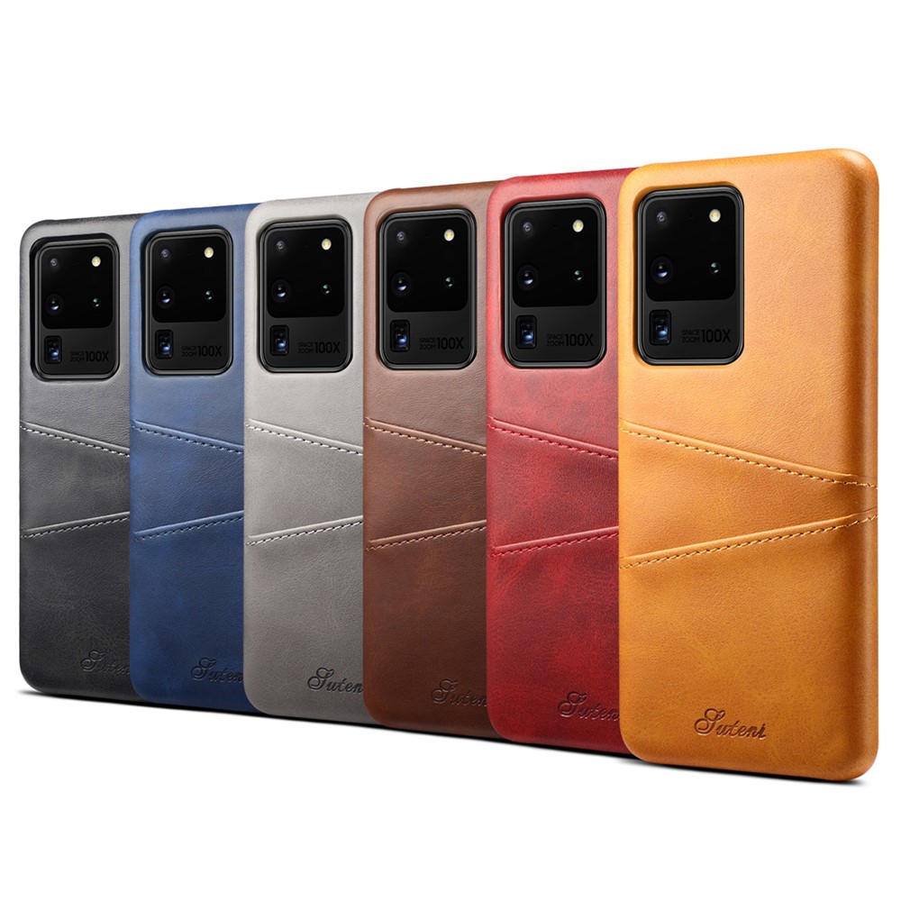 SUTENI PU Leather Coated PC Case Large Cutouts Easy Ports Access with Card Holders for Samsung Galaxy S20 Ultra - Khaki-7