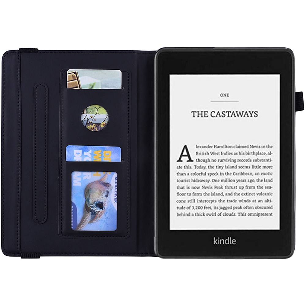 Flower Pattern Imprinting Flip Cover Stand Design Leather Tablet Case with Card Slots and Elastic Pen Holder Loop for Amazon Kindle Paperwhite 5 (2021) - Black-8