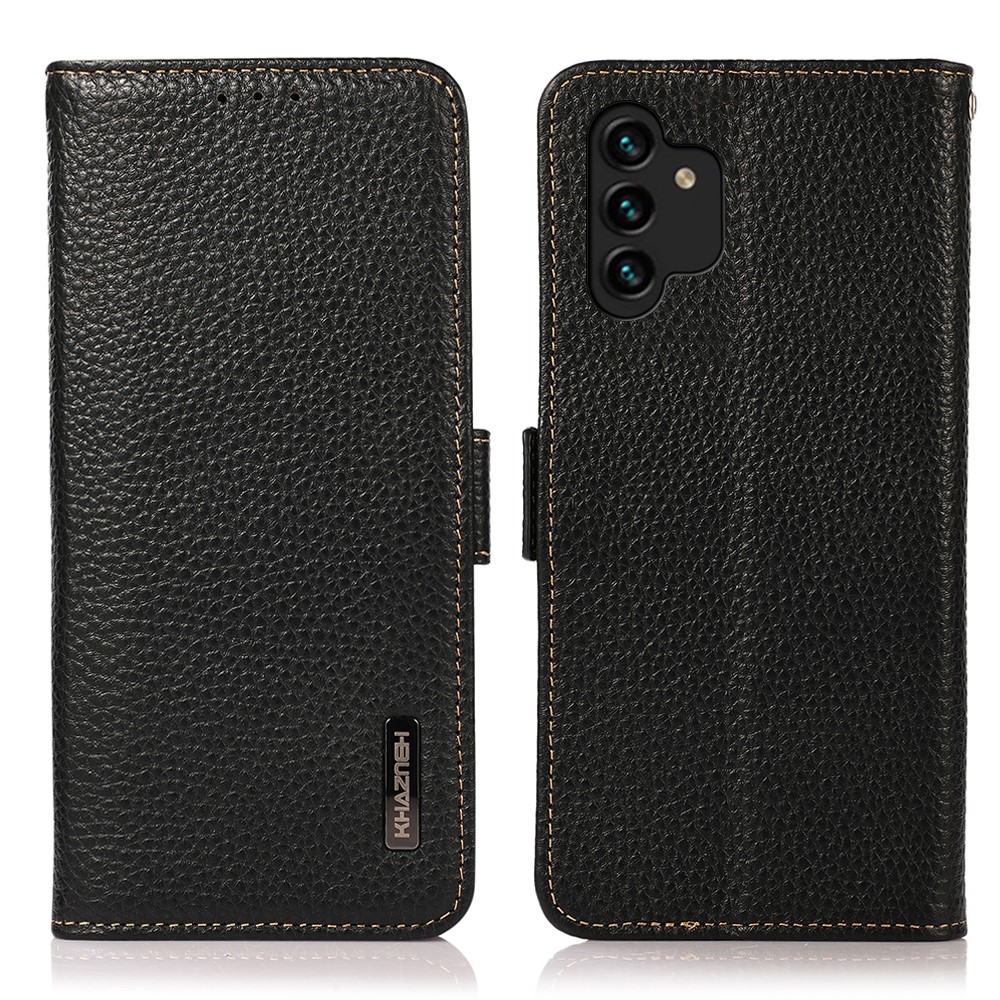 KHAZNEH RFID Blocking Wallet Stand Phone Case Litchi Texture Genuine Leather Magnetic Flip Cover for Samsung Galaxy A13 4G - Black-1