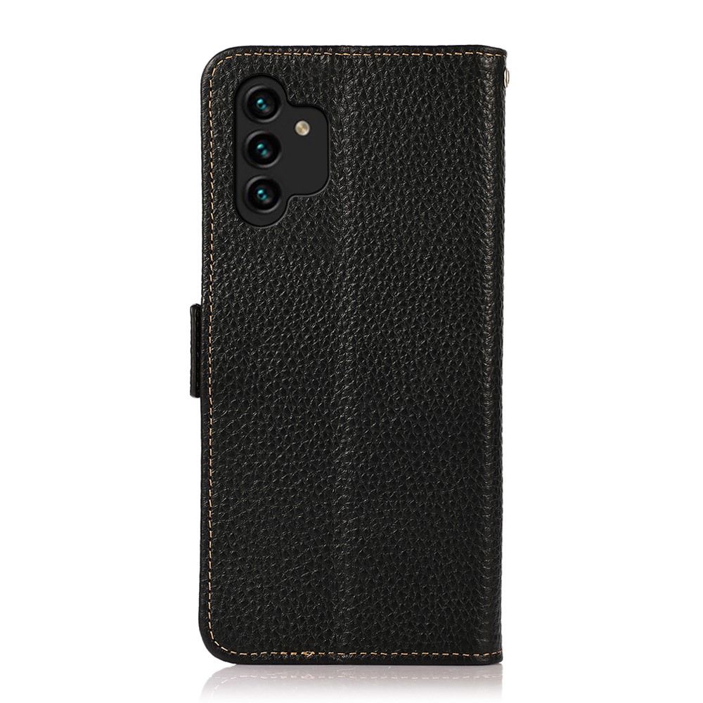 KHAZNEH RFID Blocking Wallet Stand Phone Case Litchi Texture Genuine Leather Magnetic Flip Cover for Samsung Galaxy A13 4G - Black-3
