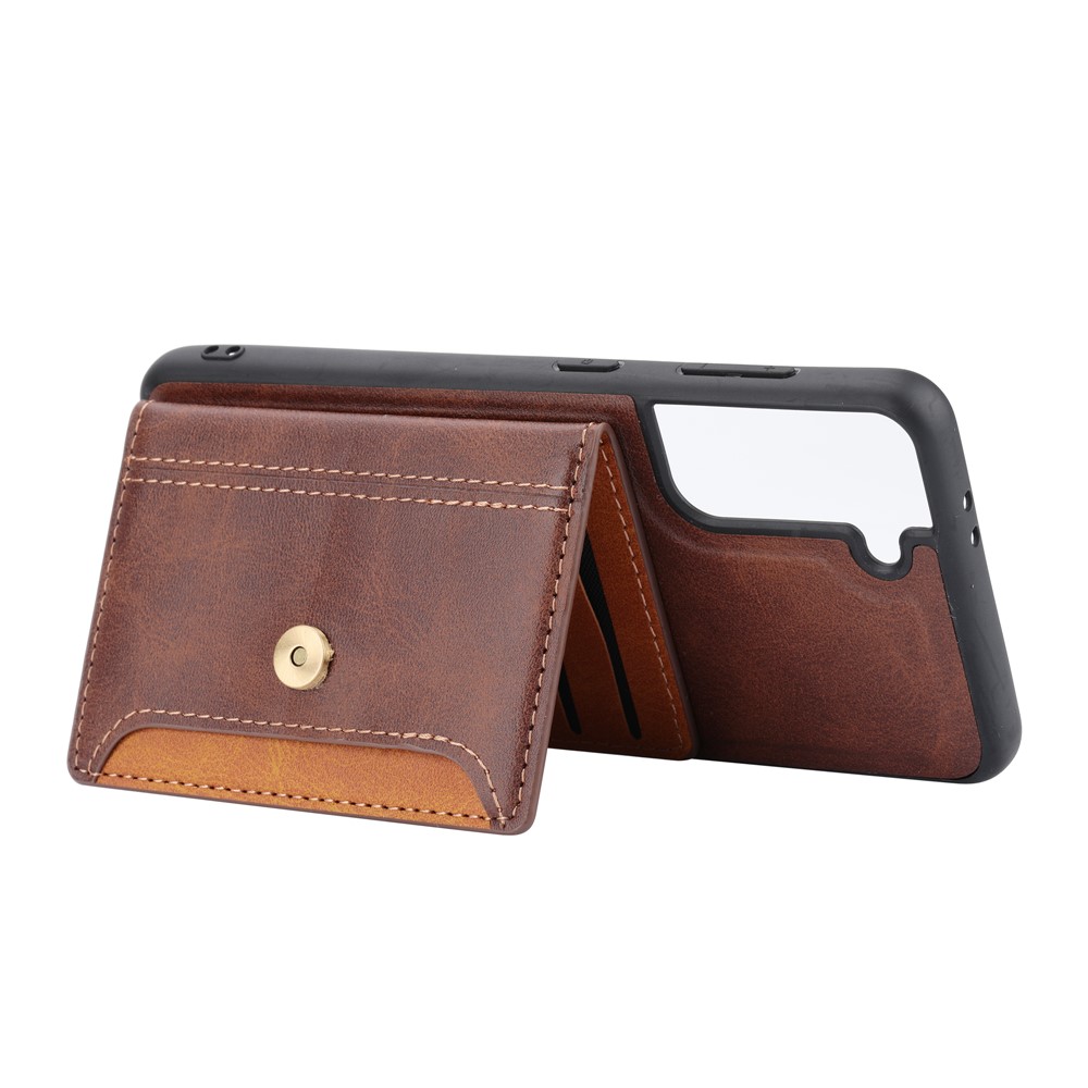 PU Leather Coated TPU Kickstand Shockproof Case with Card Slots Holder for Samsung Galaxy S22 - Brown-5