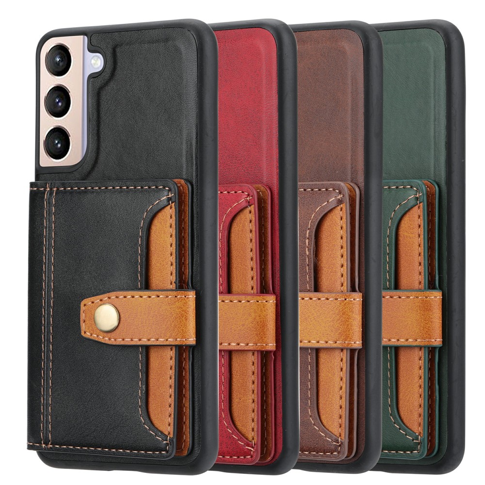 PU Leather Coated TPU Kickstand Shockproof Case with Card Slots Holder for Samsung Galaxy S22 - Brown-7