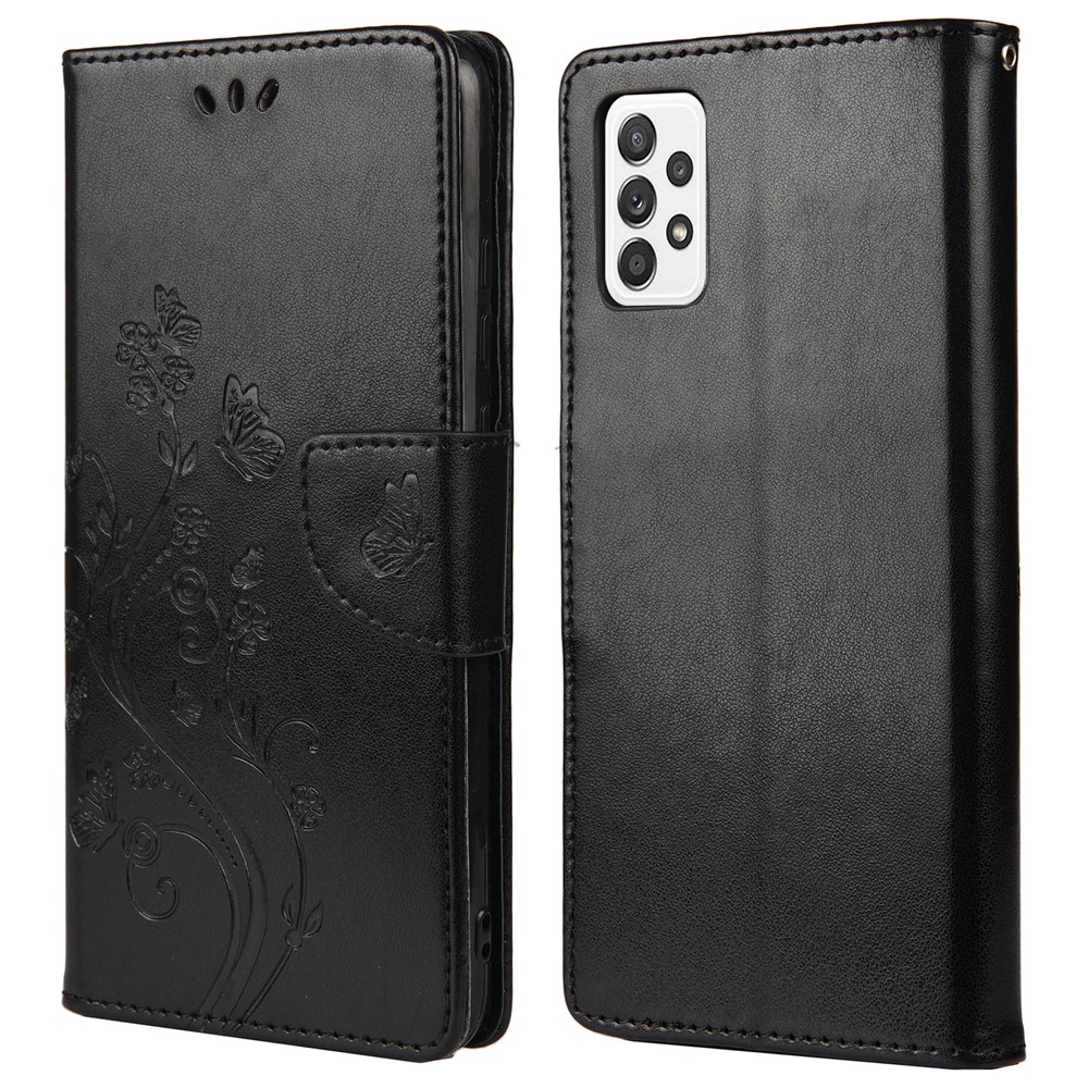Imprinting Butterfly Flower Pattern PU Leather + TPU Protective Phone Case Shell with Stand Wallet for Samsung Galaxy A33 - Black-1