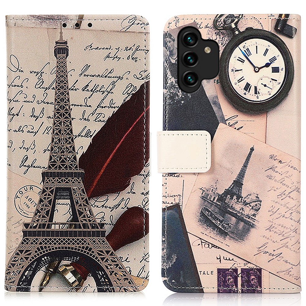PU Leather Folio Flip Case Stand Feature Scratch-resistant Pattern Printing Wallet Phone Cover for Samsung Galaxy A13 4G - Eiffel Tower and Feather-1