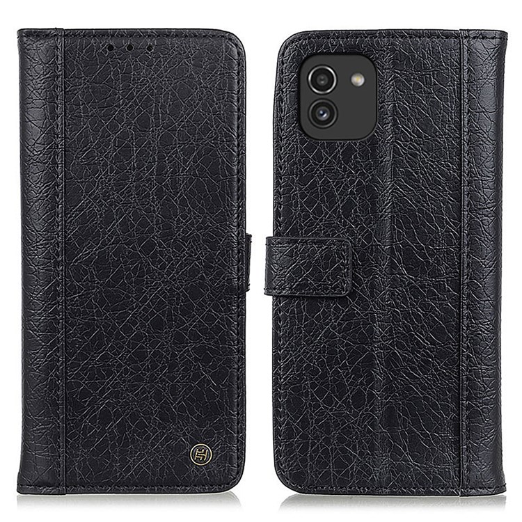 Textured Split Leather + TPU Shell Wallet Stand Anti-Drop Phone Protector for Samsung Galaxy A03s (164.2 x 75.9 x 9.1mm) - Black-1