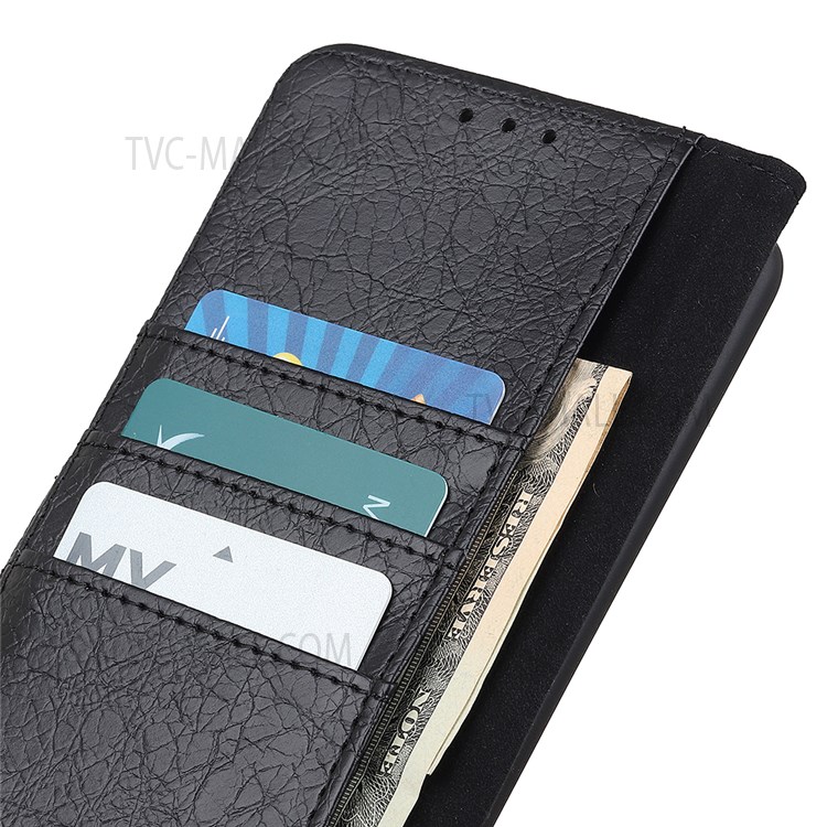 Textured Split Leather + TPU Shell Wallet Stand Anti-Drop Phone Protector for Samsung Galaxy A03s (164.2 x 75.9 x 9.1mm) - Black-7