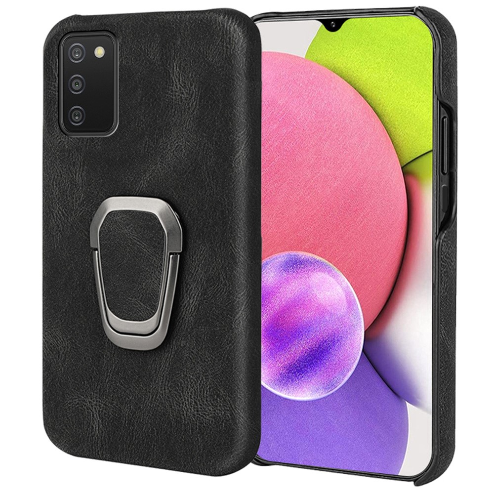 PU Leather Coating TPU Bottom Case Anti-drop Phone Cover with Rotary Ring Kickstand for Samsung Galaxy A03s (164.2 x 75.9 x 9.1mm) - Black-1