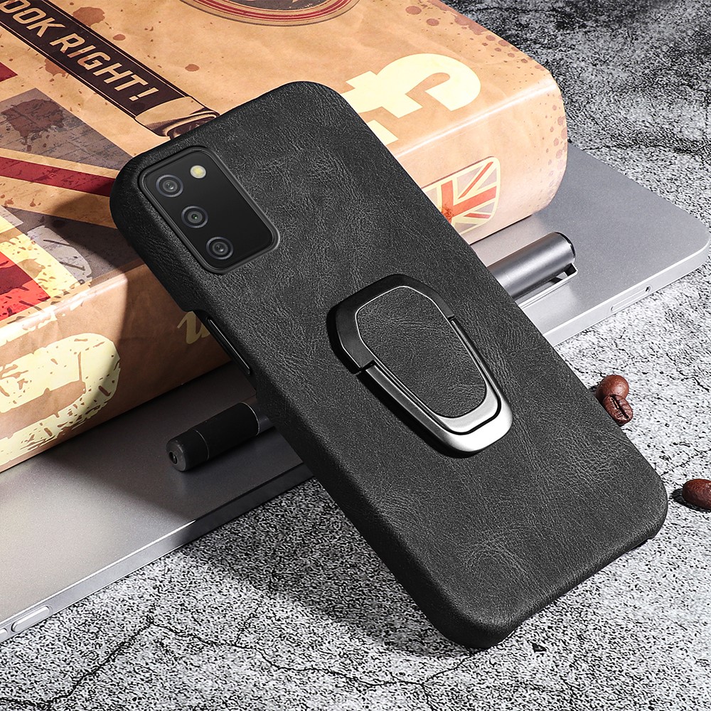 PU Leather Coating TPU Bottom Case Anti-drop Phone Cover with Rotary Ring Kickstand for Samsung Galaxy A03s (164.2 x 75.9 x 9.1mm) - Black-6