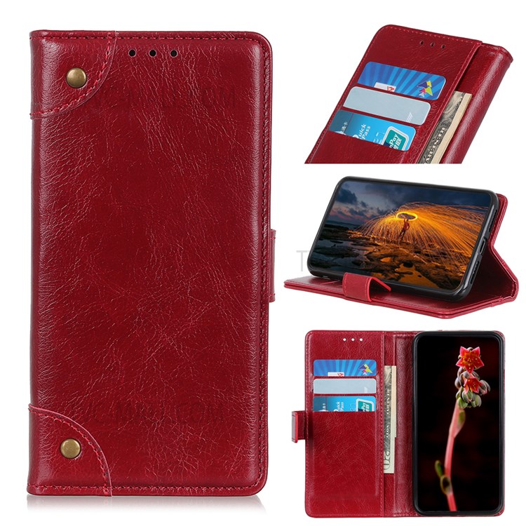 Nappa Texture PU Leather Flip Folio Case Stand Wallet Phone Cover with Brass Button Decor for Samsung Galaxy A13 5G - Red-10