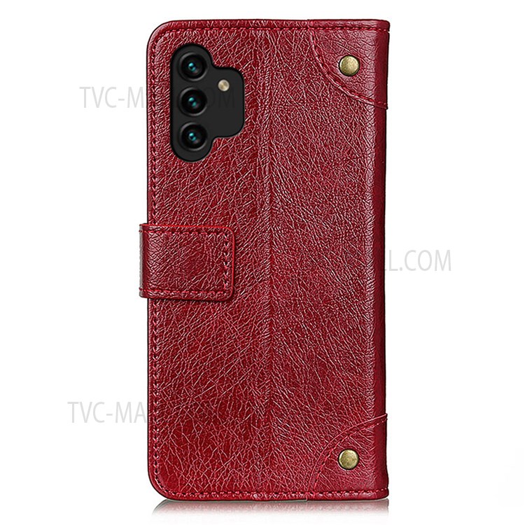 Nappa Texture PU Leather Flip Folio Case Stand Wallet Phone Cover with Brass Button Decor for Samsung Galaxy A13 5G - Red-3