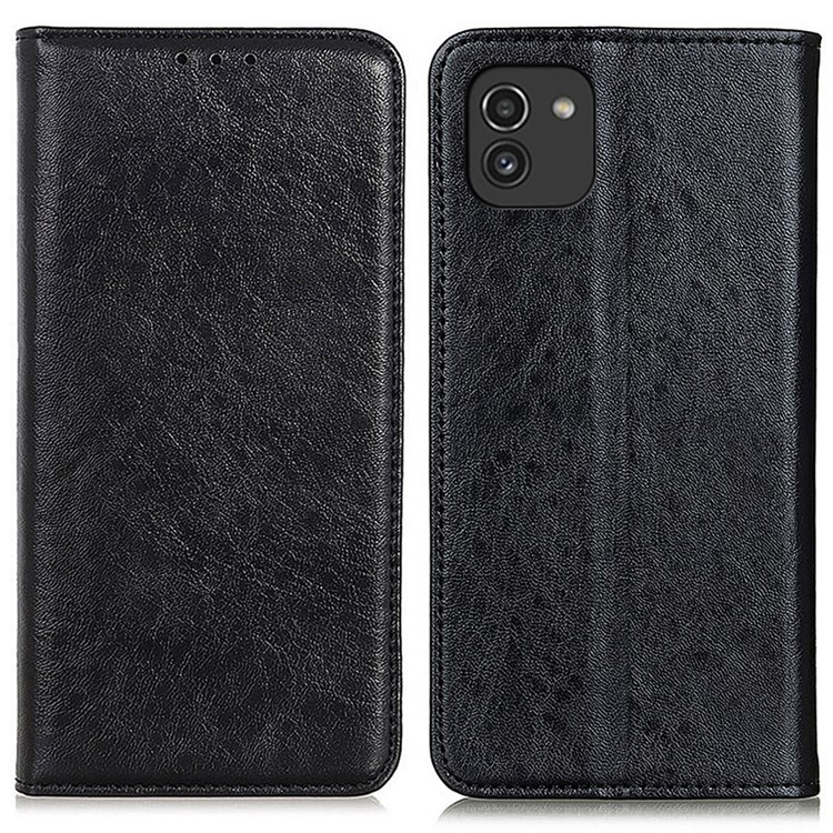 Magnetic Flip Crazy Horse Texture PU Leather Phone Case Shell with Foldable Stand and Wallet for Samsung Galaxy A03 (Global Version) (164.2x75.9x9.1mm) - Black-1