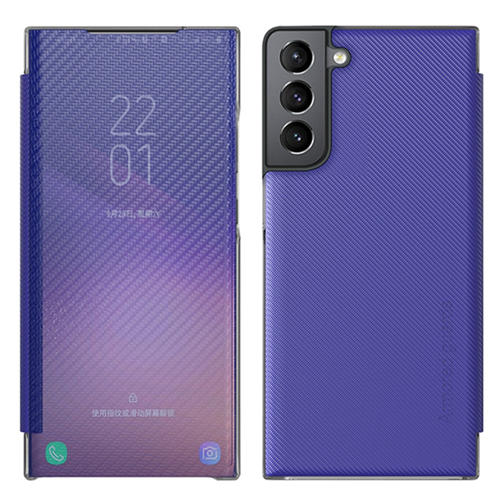 Support Message Viewing Carbon Fiber Texture Phone Case Translucent Phone Protective Cover with Kickstand for Samsung Galaxy S22 - Blue-1