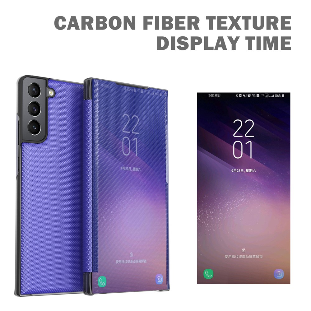 Support Message Viewing Carbon Fiber Texture Phone Case Translucent Phone Protective Cover with Kickstand for Samsung Galaxy S22 - Blue-3