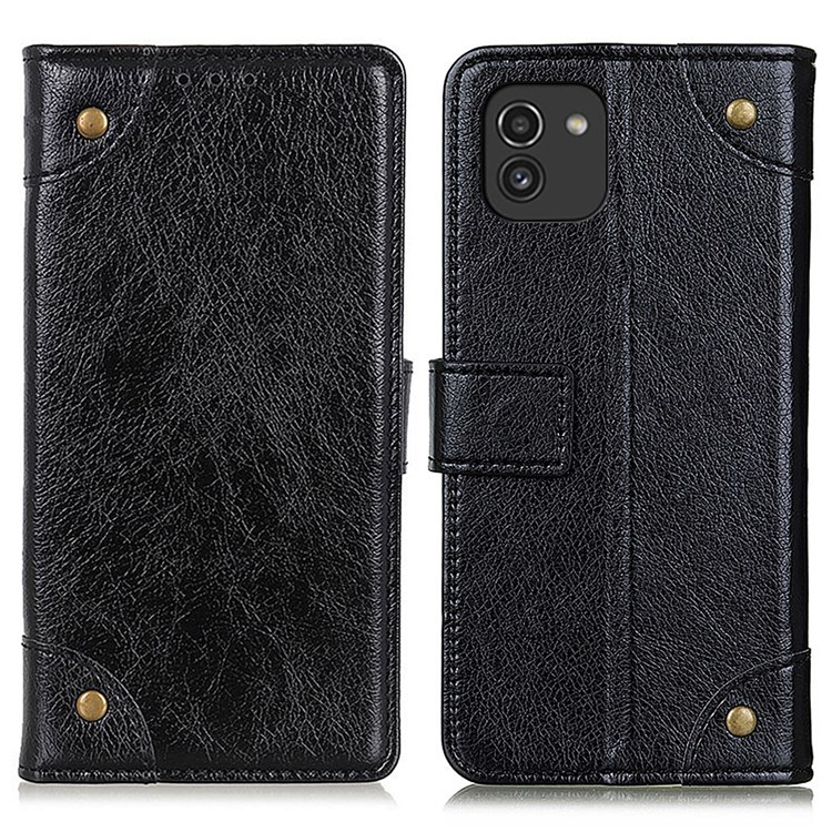 Nappa Texture Leather Case Stand Shell with Brass Button Decor Wallet Phone Cover for Samsung Galaxy A03 (EU Version) (166.5x75.98x9.14mm) - Black-1