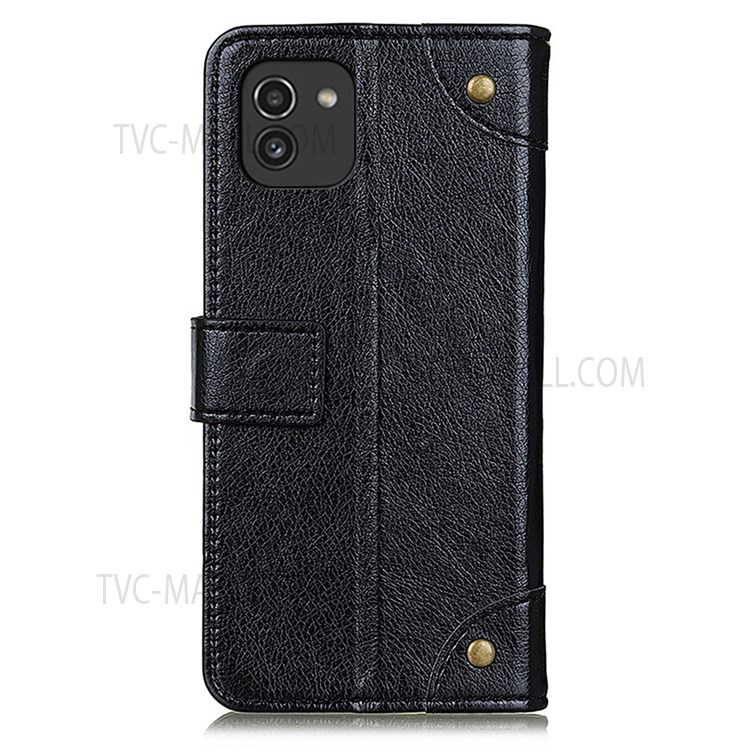 Nappa Texture Leather Case Stand Shell with Brass Button Decor Wallet Phone Cover for Samsung Galaxy A03 (EU Version) (166.5x75.98x9.14mm) - Black-3