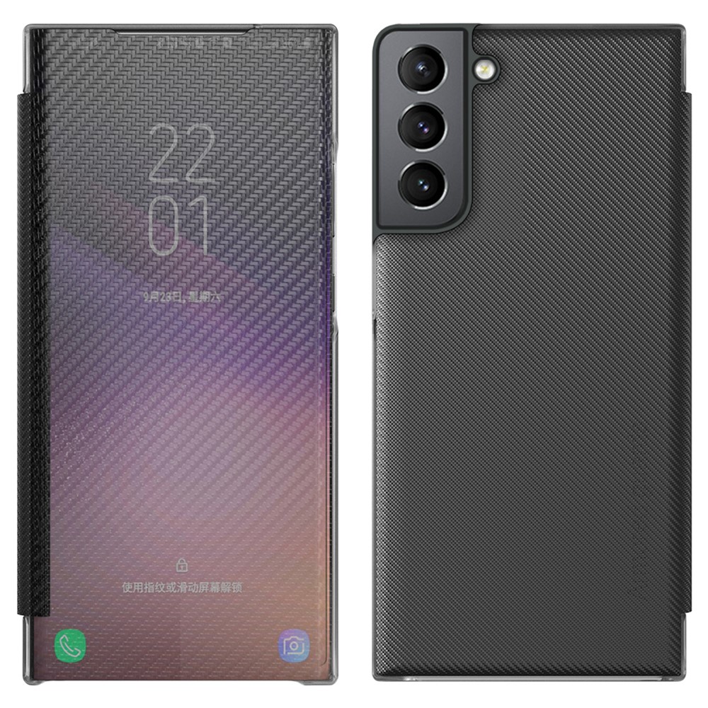 Scratch-Resistant Translucent Phone Case Carbon Fiber Phone Cover with Folding Kickstand Message Viewing Function for Samsung Galaxy S22 Plus - Black-1
