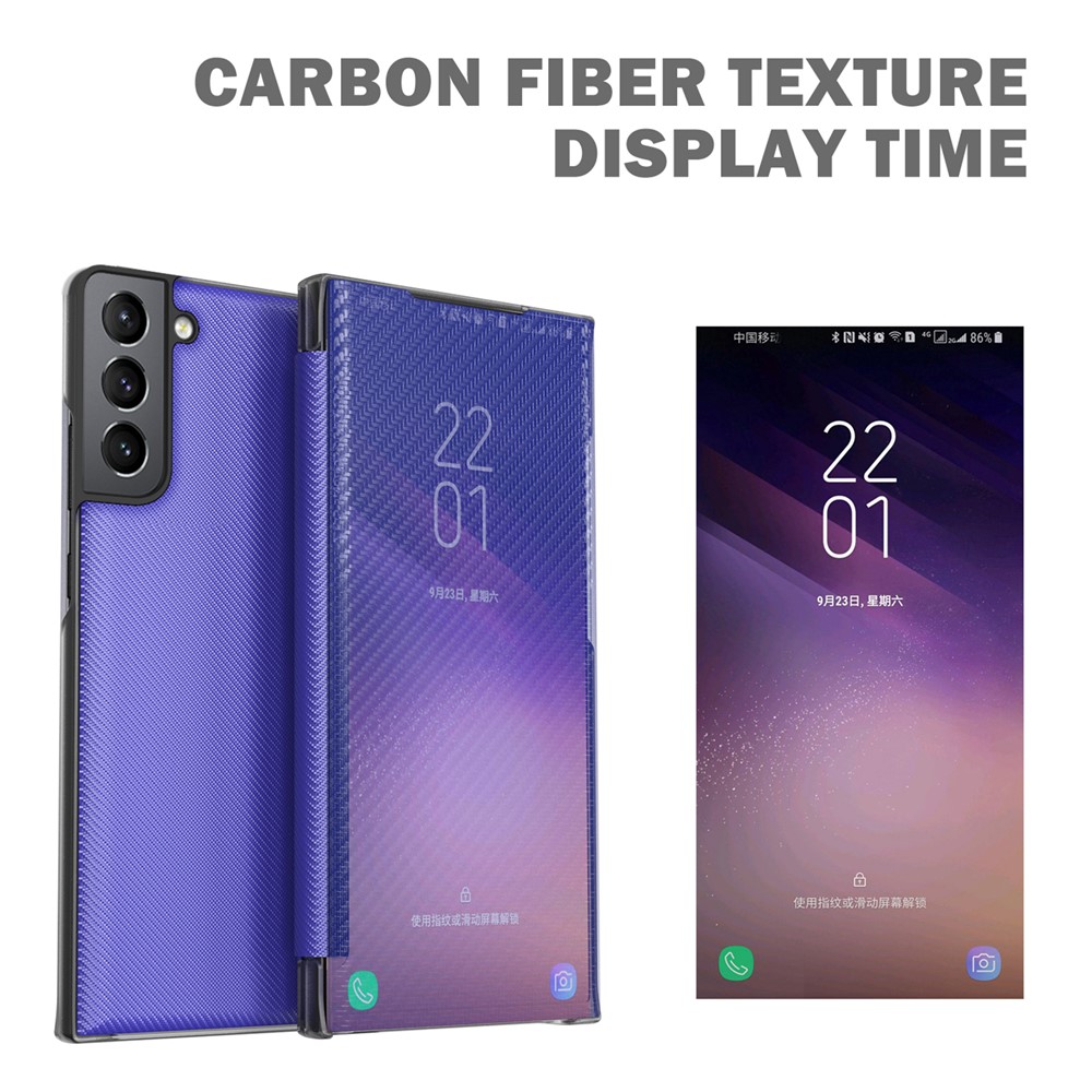 Scratch-Resistant Translucent Phone Case Carbon Fiber Phone Cover with Folding Kickstand Message Viewing Function for Samsung Galaxy S22 Plus - Black-5