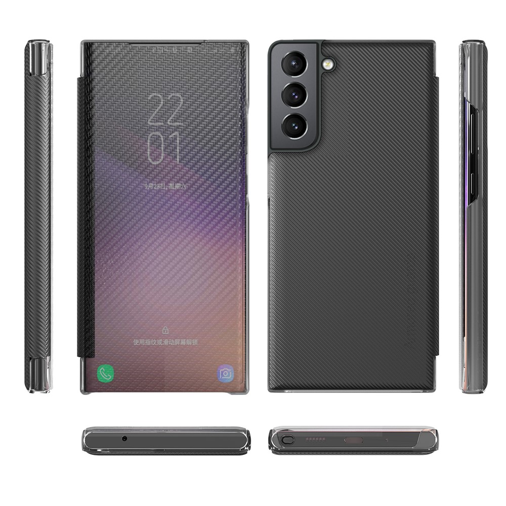 Scratch-Resistant Translucent Phone Case Carbon Fiber Phone Cover with Folding Kickstand Message Viewing Function for Samsung Galaxy S22 Plus - Black-6