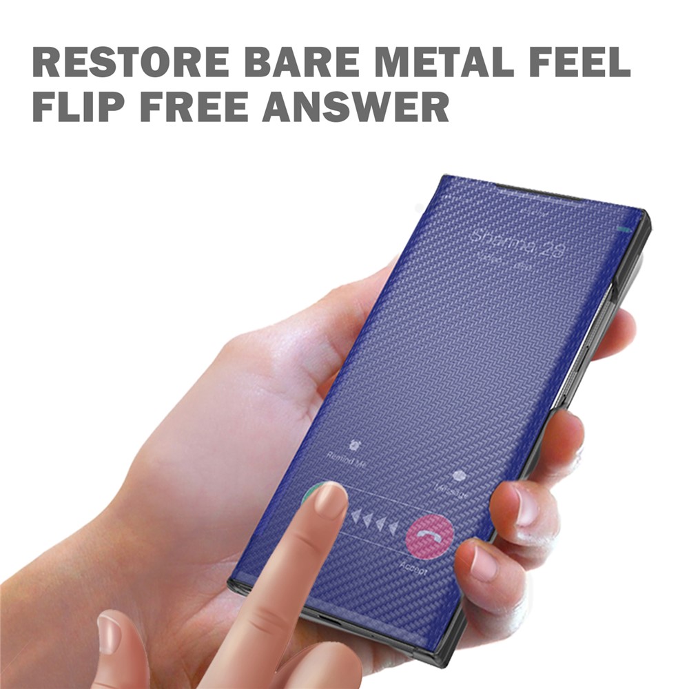 Carbon Fiber Texture Phone Case Translucent Phone Protector with Kickstand Message Viewing Function for Samsung Galaxy S22 Ultra - Black-2