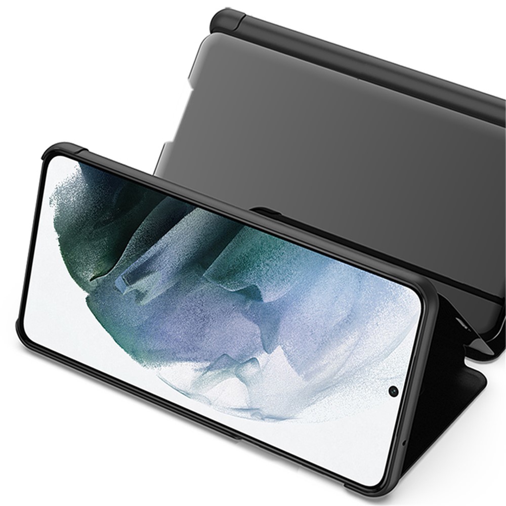 Electroplating Mirror Surface Anti-drop PU Leather+PC Phone Stand Cover Shell with Clear View Window for Samsung Galaxy S22 Plus - Black-2
