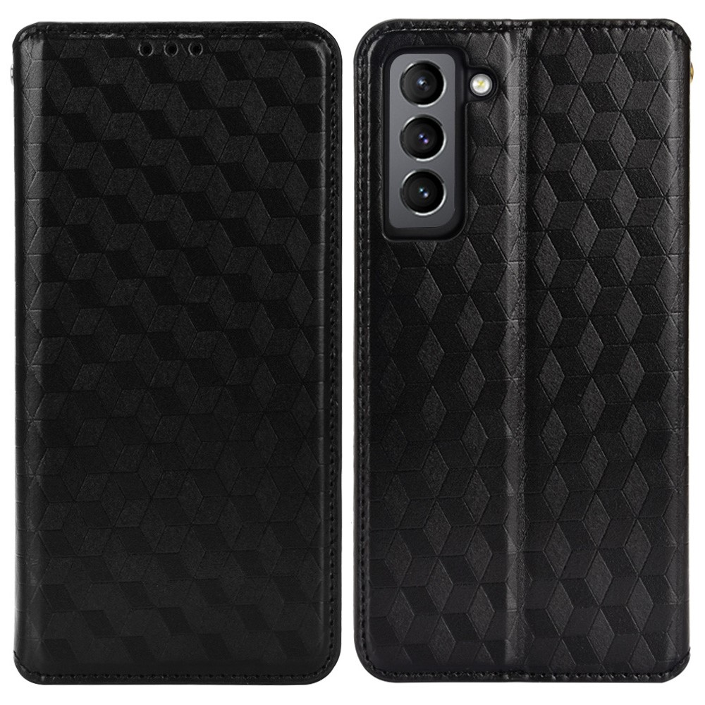 Imprinting 3D Rhombus Pattern Protective Case PU Leather Cover + Inner TPU Phone Case with Stand Wallet for Samsung Galaxy S22 - Black-1