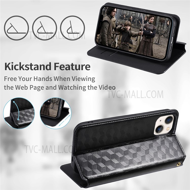 Imprinting 3D Rhombus Pattern Protective Case PU Leather Cover + Inner TPU Phone Case with Stand Wallet for Samsung Galaxy S22 - Black-8