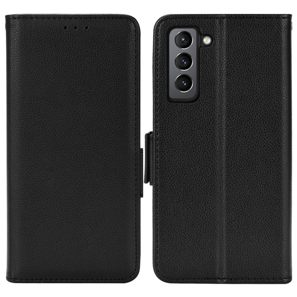 Stand Feature Litchi Texture PU Leather Wallet Phone Case Double Magnetic Closure Flip Cover for Samsung Galaxy S22 - Black-1