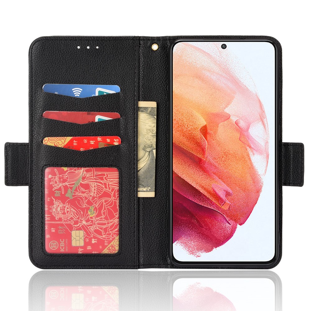Stand Feature Litchi Texture PU Leather Wallet Phone Case Double Magnetic Closure Flip Cover for Samsung Galaxy S22 - Black-4