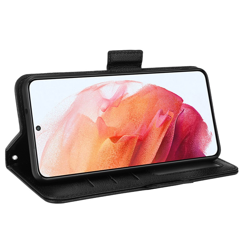 Stand Feature Litchi Texture PU Leather Wallet Phone Case Double Magnetic Closure Flip Cover for Samsung Galaxy S22 - Black-5