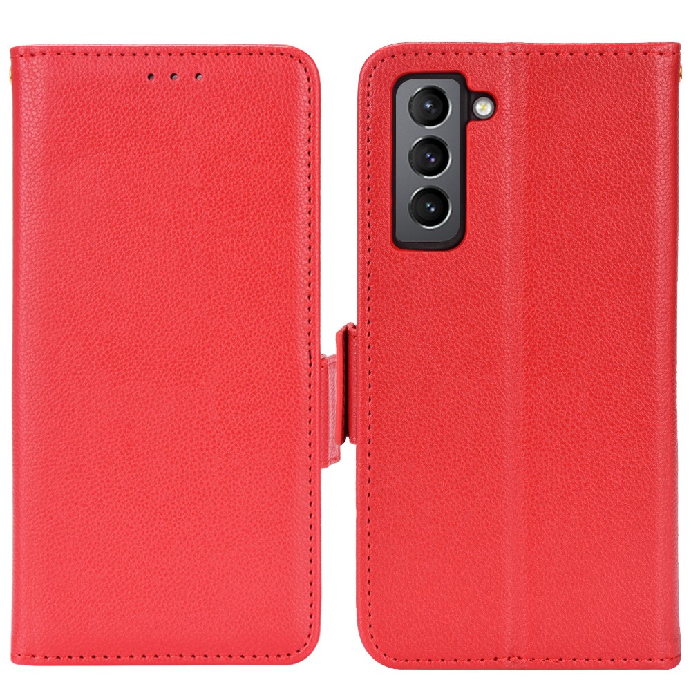 Litchi Texture Shockproof PU Leather Wallet Cover Double Magnetic Closure Flip Phone Case with Stand for Samsung Galaxy S22 Plus - Red-1
