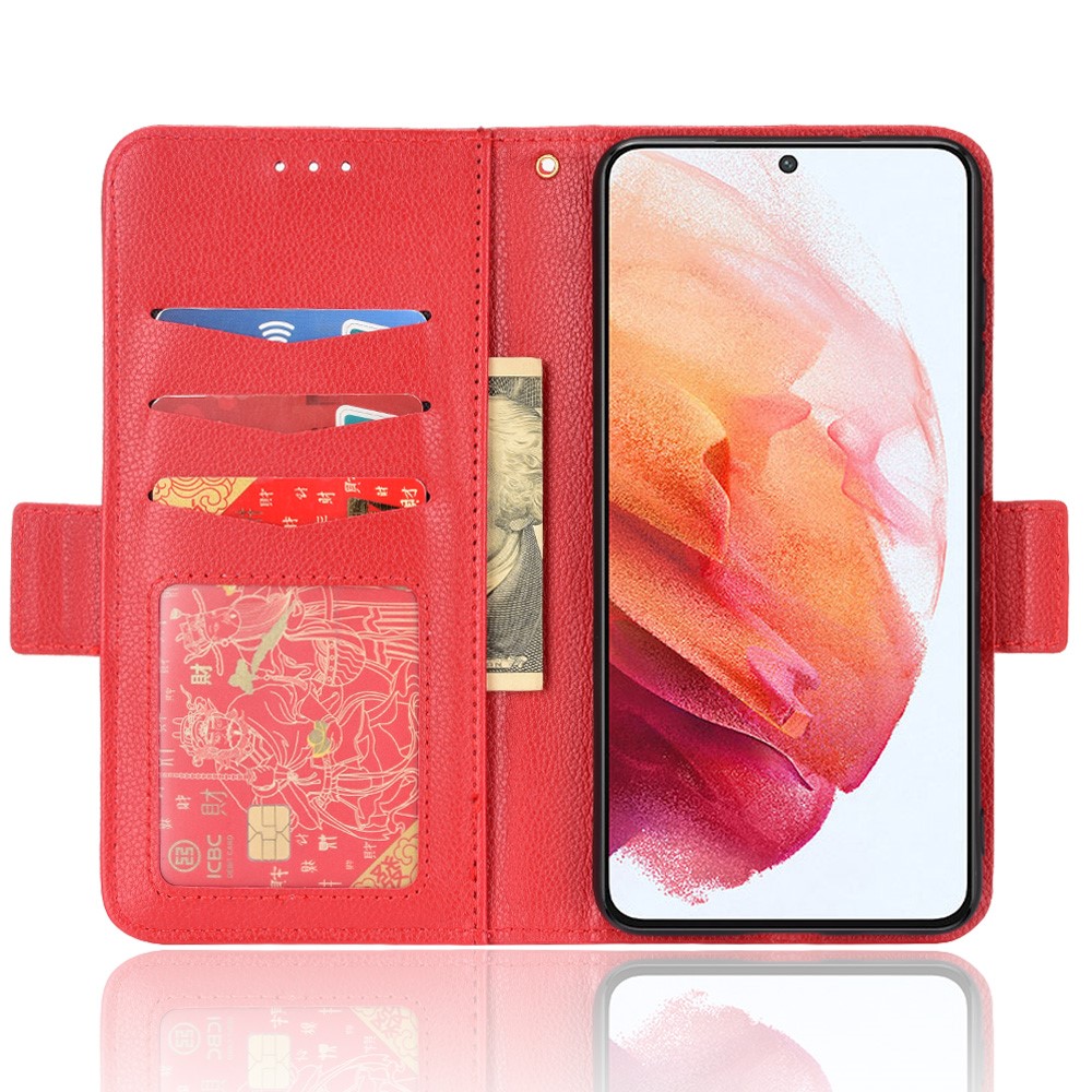 Litchi Texture Shockproof PU Leather Wallet Cover Double Magnetic Closure Flip Phone Case with Stand for Samsung Galaxy S22 Plus - Red-4