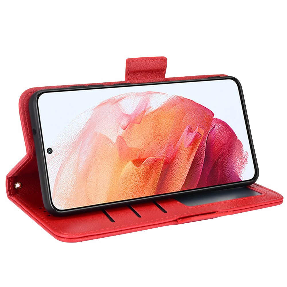 Litchi Texture Shockproof PU Leather Wallet Cover Double Magnetic Closure Flip Phone Case with Stand for Samsung Galaxy S22 Plus - Red-5