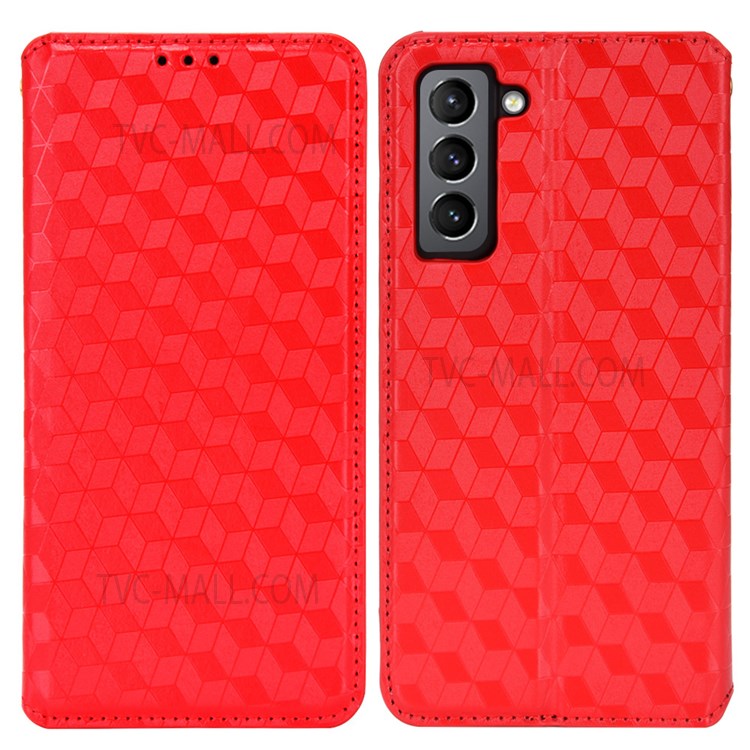 PU Leather Cover + Inner TPU Phone Case Imprinting 3D Rhombus Pattern Protective Cover with Stand Wallet for Samsung Galaxy S22 Plus - Red-1