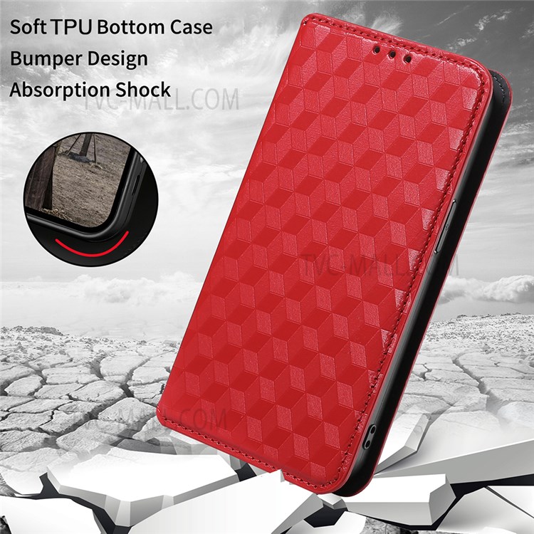 PU Leather Cover + Inner TPU Phone Case Imprinting 3D Rhombus Pattern Protective Cover with Stand Wallet for Samsung Galaxy S22 Plus - Red-7