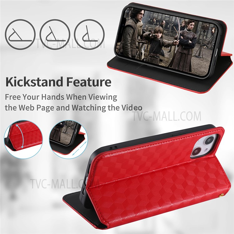 PU Leather Cover + Inner TPU Phone Case Imprinting 3D Rhombus Pattern Protective Cover with Stand Wallet for Samsung Galaxy S22 Plus - Red-8