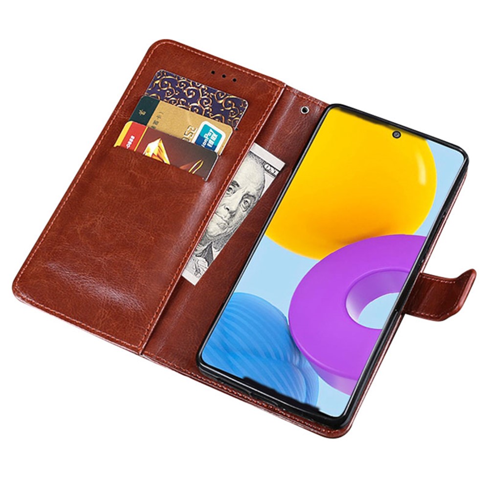 Idewei Para Samsung Galaxy M52 5G Capa de Bolsa de Celular PU PU Cahe + TPU Casa de Proteção Comprida Tapela de Planeta Tape de Pele - Castanho