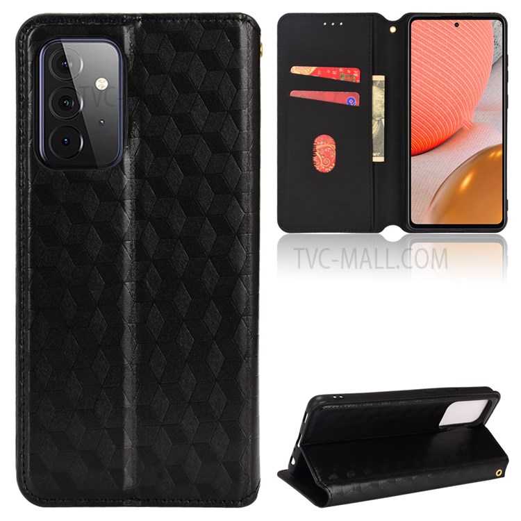 Imprinting 3D Rhombus Pattern Phone Case PU Leather Cover + Inner TPU Protective Case with Stand Wallet for Samsung Galaxy A72 5G/A72 4G - Black-8