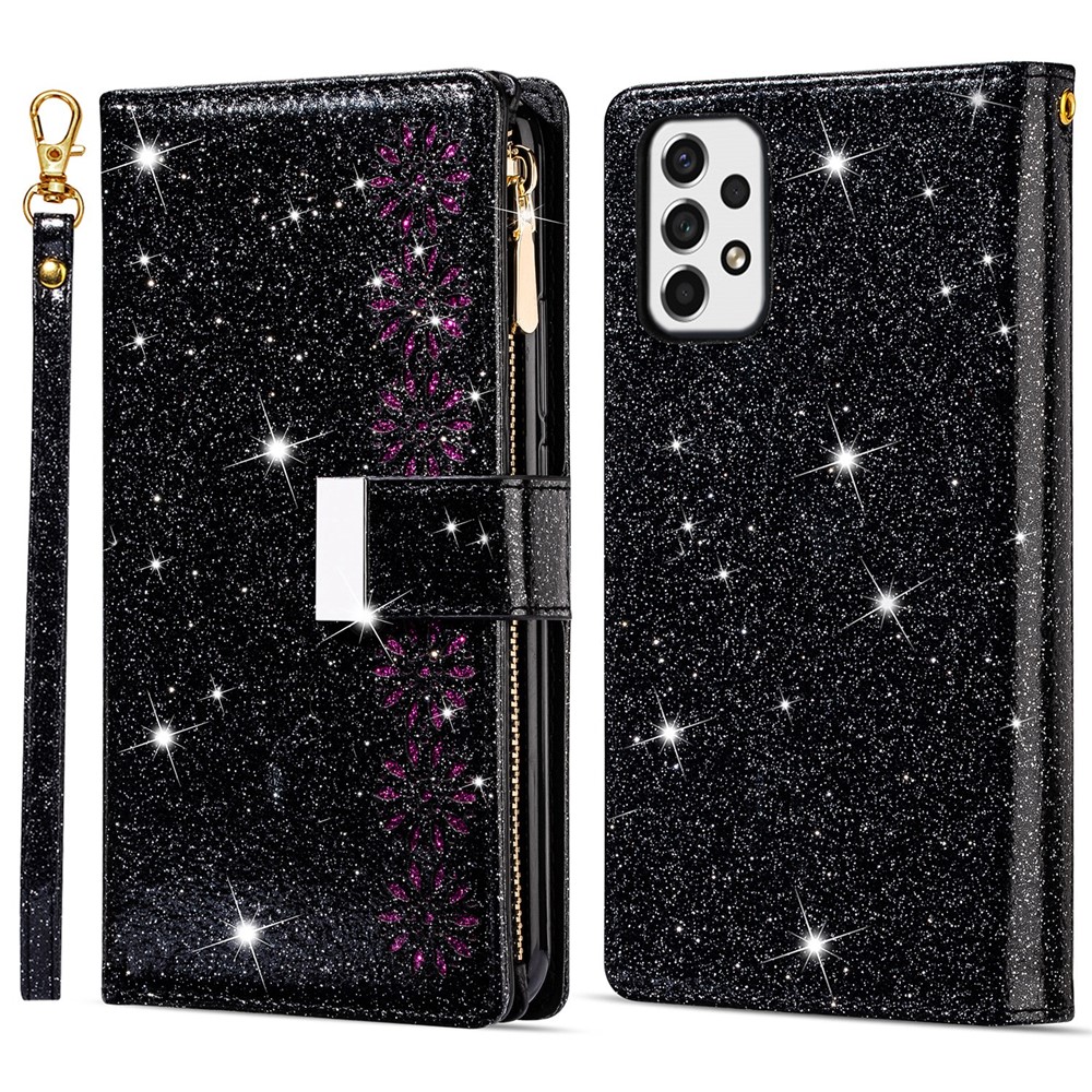Drop-proof Laser Workmanship Starry Style Zipper Wallet Stand Leather Phone Case with Strap for Samsung Galaxy A53 5G - Black-1