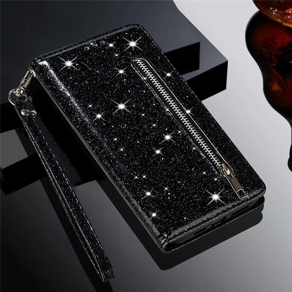Glitter Sequins PU Leather + TPU Full Protection Stand Wallet Case with Zipper Pocket and Hand Strap for Samsung Galaxy A53 5G - Black-7