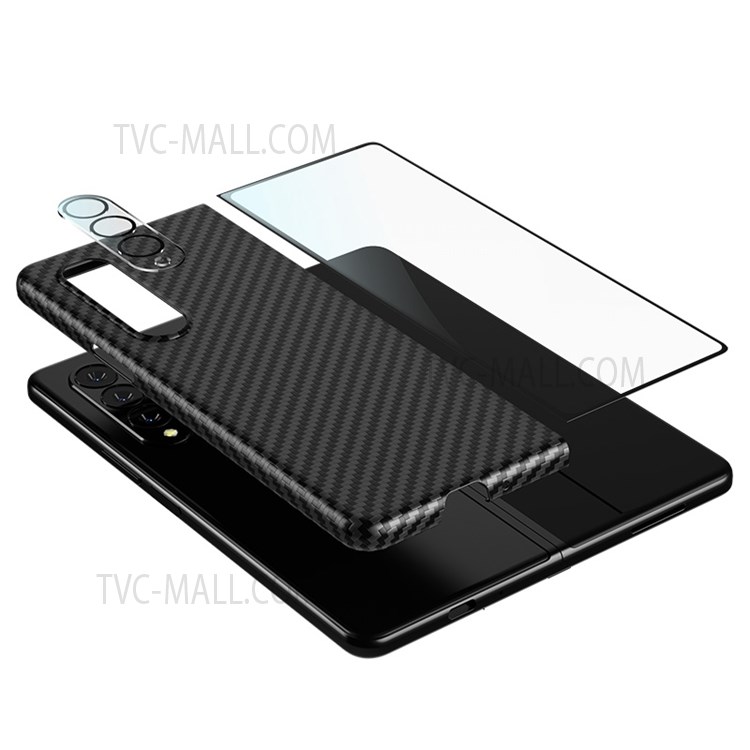 BENKS Carbon Fiber Texture Aramid Fiber Phone Case Shell + Corning Glass Screen Protector + Camera Lens Film for Samsung Galaxy Z Fold3 5G-1