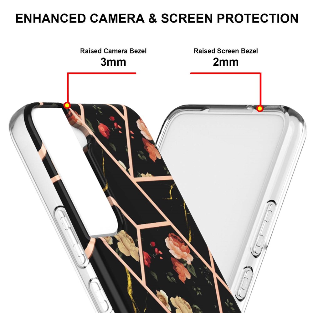 For Samsung Galaxy S22 Plus Light Thin Marble Pattern IML IMD Electroplating Soft TPU Mobile Phone Case Cover for Samsung Galaxy S22 Plus 5G - Black Flowers-4