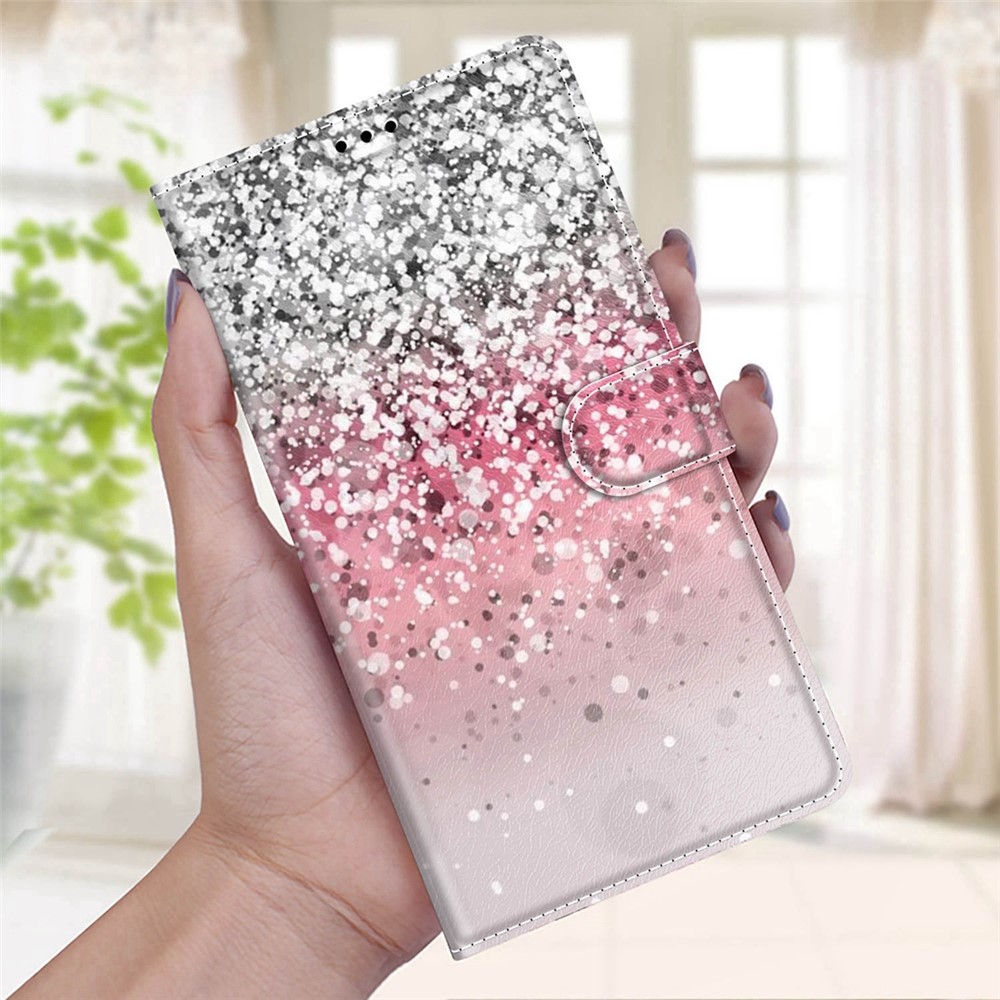 Pattern Printing PU Leather Stand Card Holder Phone Case with Wrist Strap for Samsung Galaxy S22 Ultra 5G - C13 Glittery Powder-10