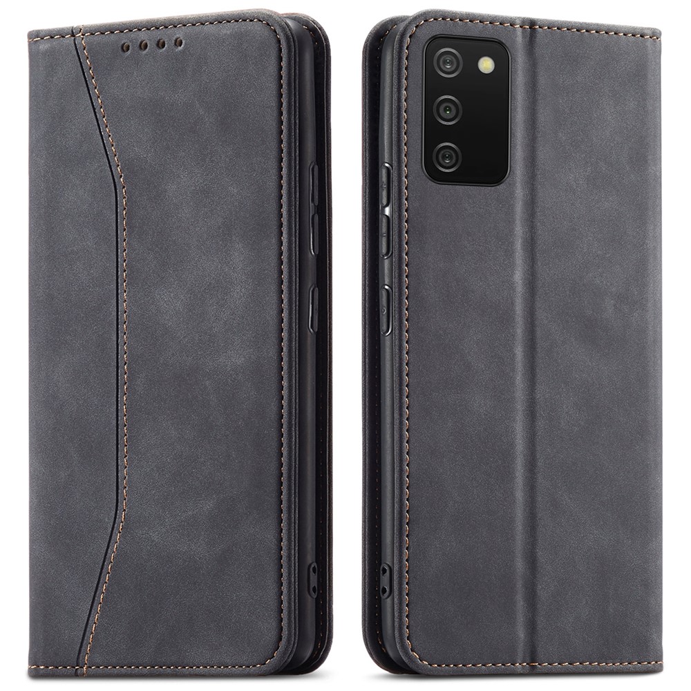 Double Edge-fold Sewing Design PU Leather Stand Feature Flip Folio Magnetic Wallet Protective Case for Samsung Galaxy A03s (166.5 x 75.98 x 9.14mm) - Black-1