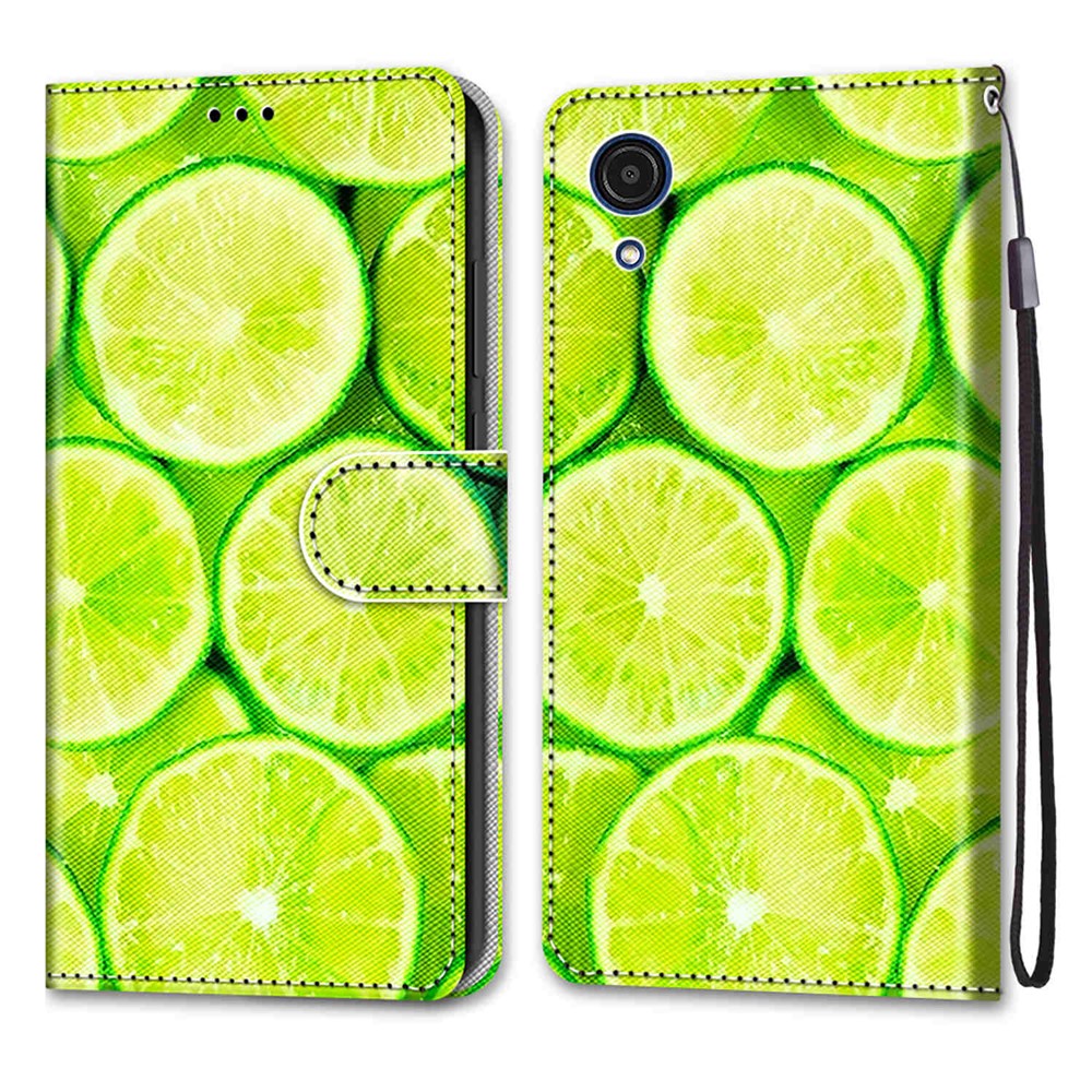 Pattern Printing PU Leather Flip Cover Shockproof TPU Stand Wallet Phone Case with Strap for Samsung Galaxy A03 Core - Lemon-1