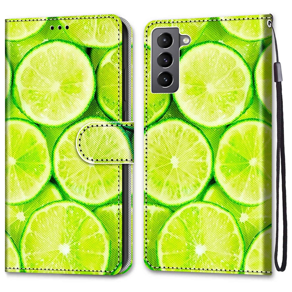 Fully-wrapped Pattern Printing Phone Case PU Leather + TPU Phone Cover with Stand Wallet Strap for Samsung Galaxy S22 5G - B02 Lime-1