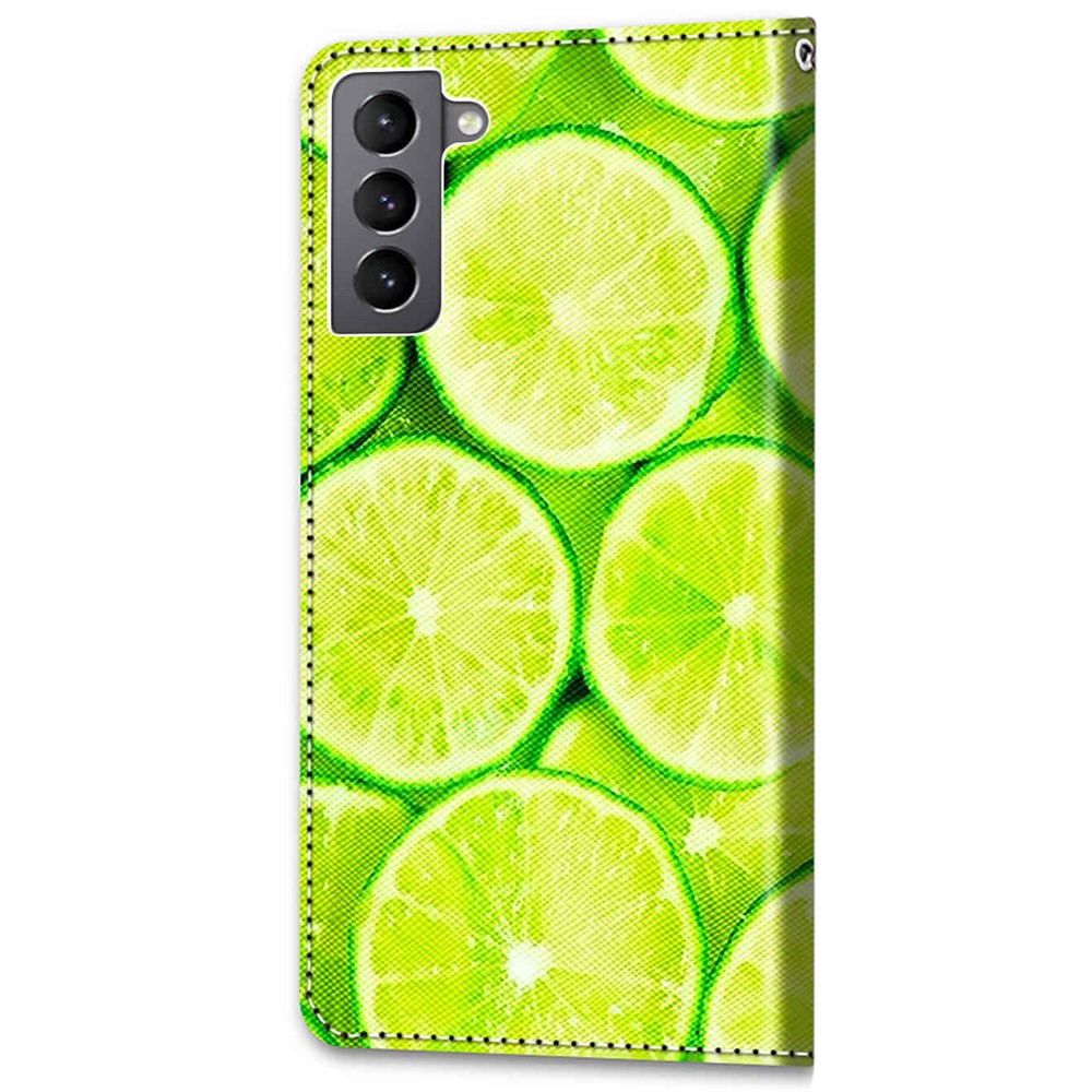 Fully-wrapped Pattern Printing Phone Case PU Leather + TPU Phone Cover with Stand Wallet Strap for Samsung Galaxy S22 5G - B02 Lime-3