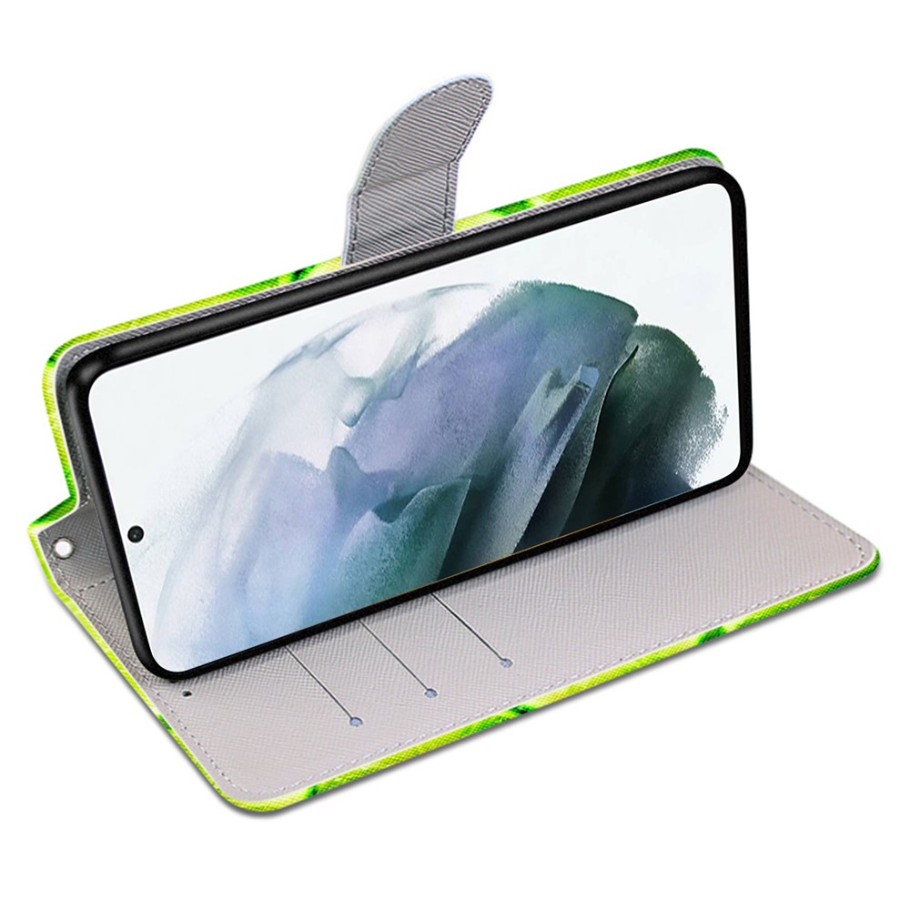 Fully-wrapped Pattern Printing Phone Case PU Leather + TPU Phone Cover with Stand Wallet Strap for Samsung Galaxy S22 5G - B02 Lime-4
