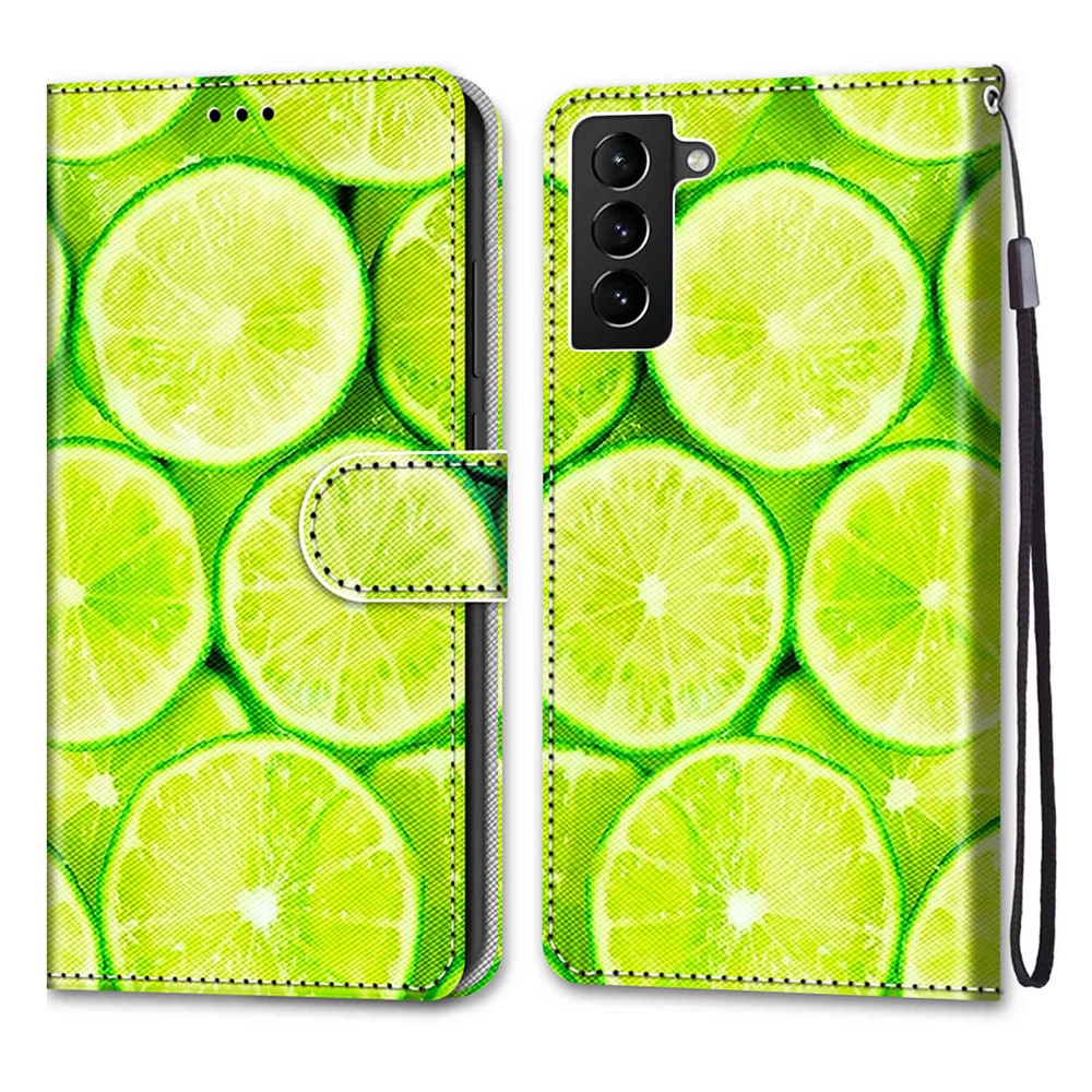 Wallet Design Pattern Printing PU Leather Stand Flip Protective Cover with Strap for Samsung Galaxy S22+ 5G - Lemon-1